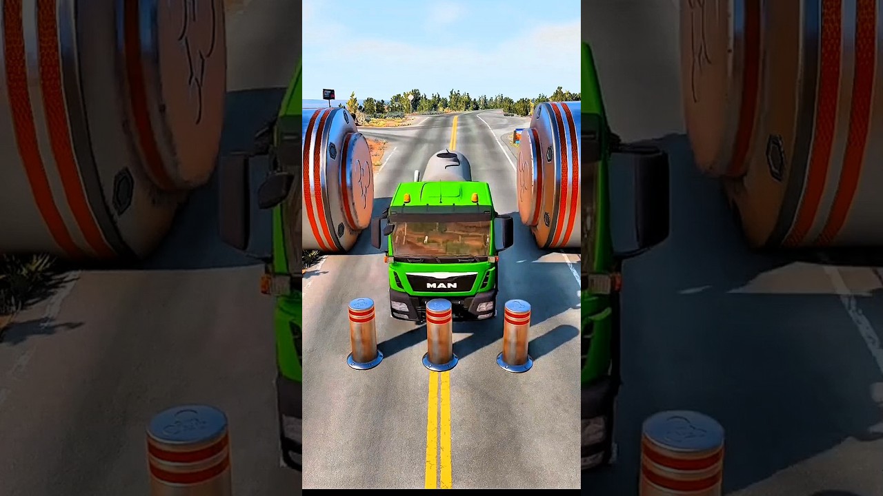 Cars & School Bus vs Giant Pit Bollards Crash #4 - BeamNG.Drive 🤯 
