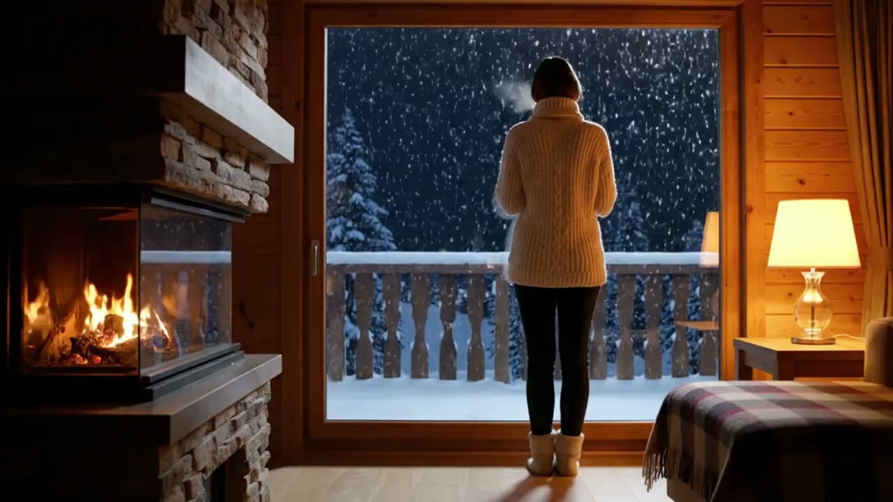 Mountain Chalet Snowfall 🏔️ Stone Fireplace, Woman with Mug — Night Relax Sleep 10 Hours