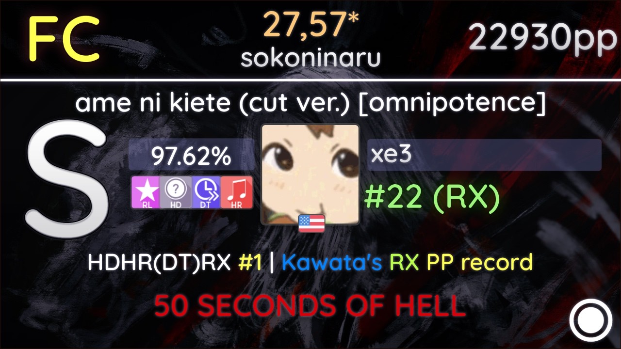 xe3 | sokoninaru - ame ni kiete (nightcore & cut ver.) [omnipotence] +HDHR(DT)RX 97.62% | #1 22930pp