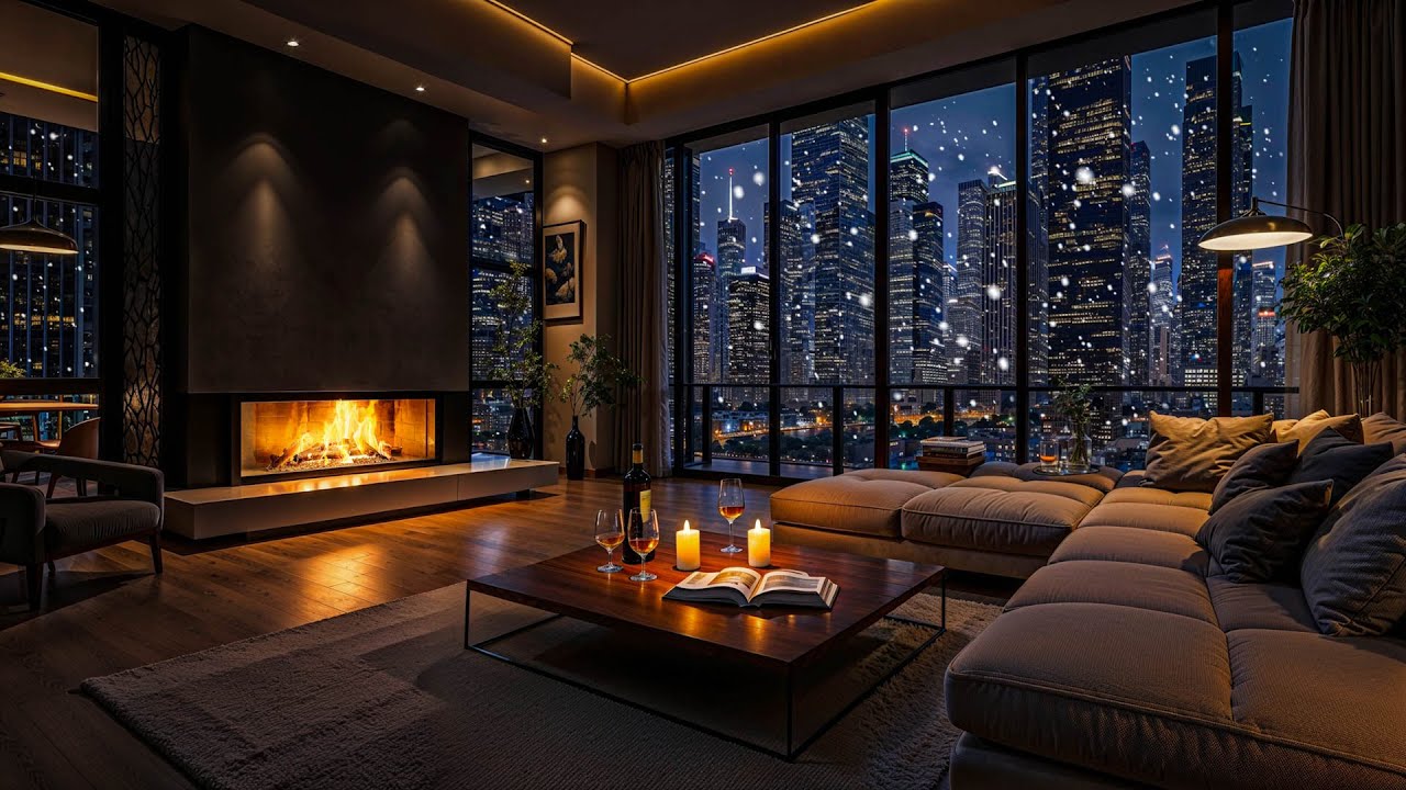 Relaxing Apartment Ambience ❄️ Winter Jazz Piano & Fireplace Sounds for Deep Sleep