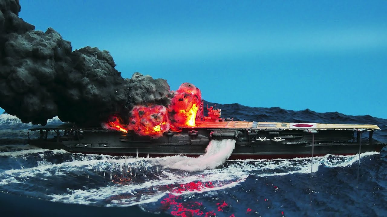 How to make diorama (ocean, explosion and fire with LED, Smoke) - Battle of Midway (1/700 IJN Akagi)