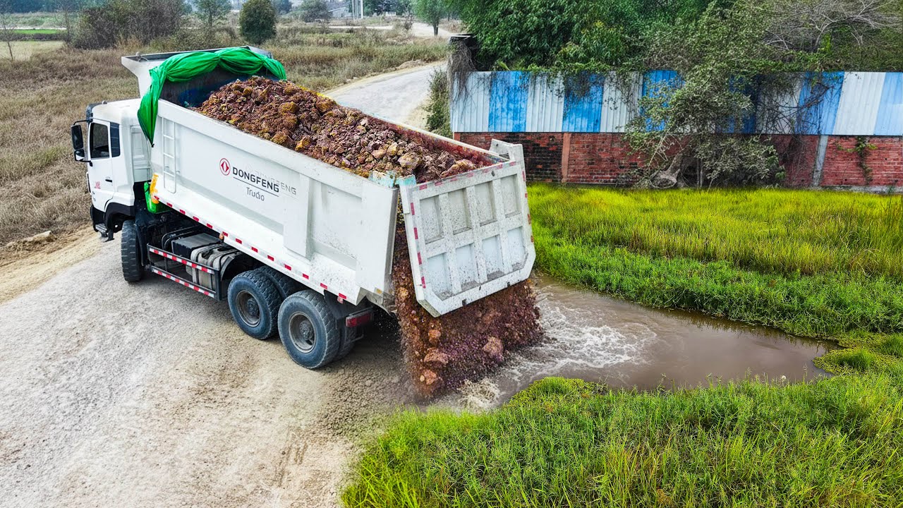 Amazing New Project!! Trucks Pour Soil Near Temple Fence as Expert Dozers Push Stone