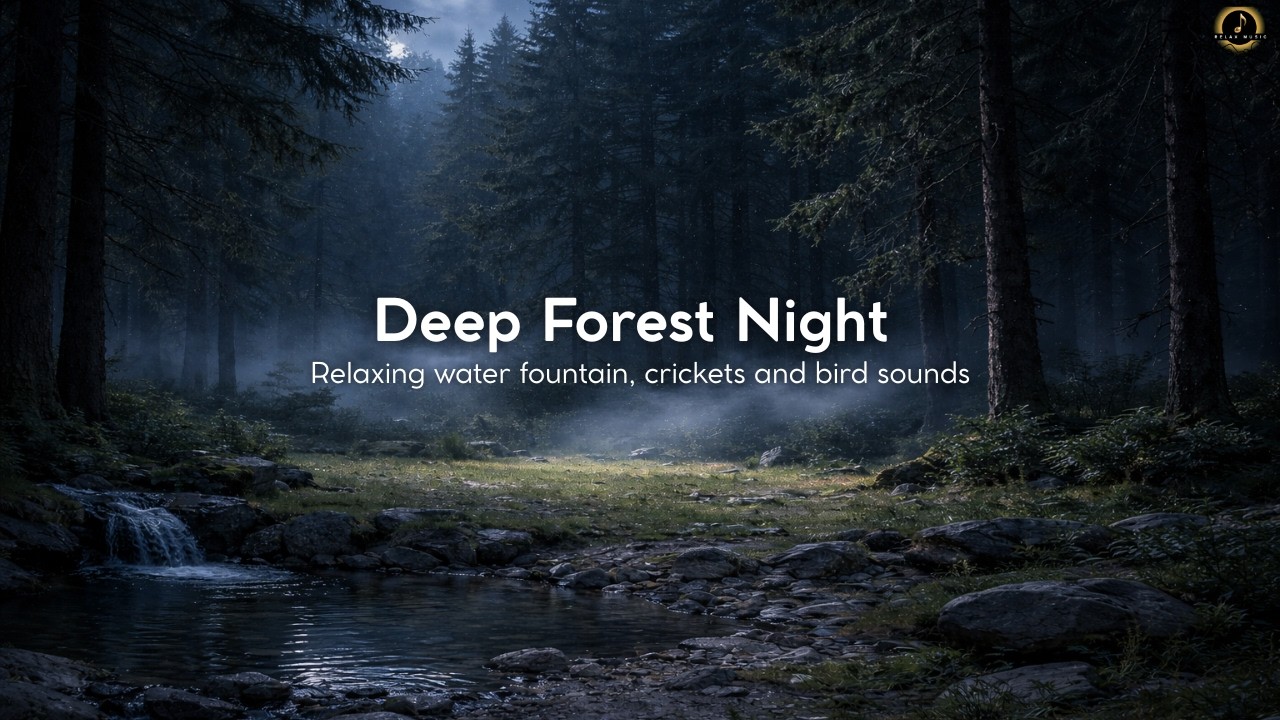 Deep Forest Night | Relaxing water fountain, crickets and bird sounds - 2 Hours