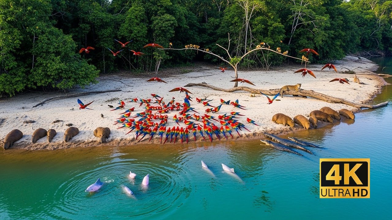Relaxing Walk in the Amazon Open Clay Clearing with Scarlet Macaws