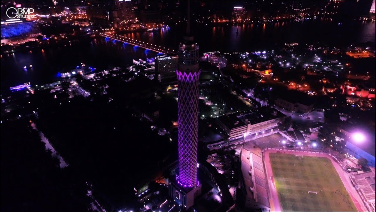 Cairo Tower from ABOVE at night - Drone Video