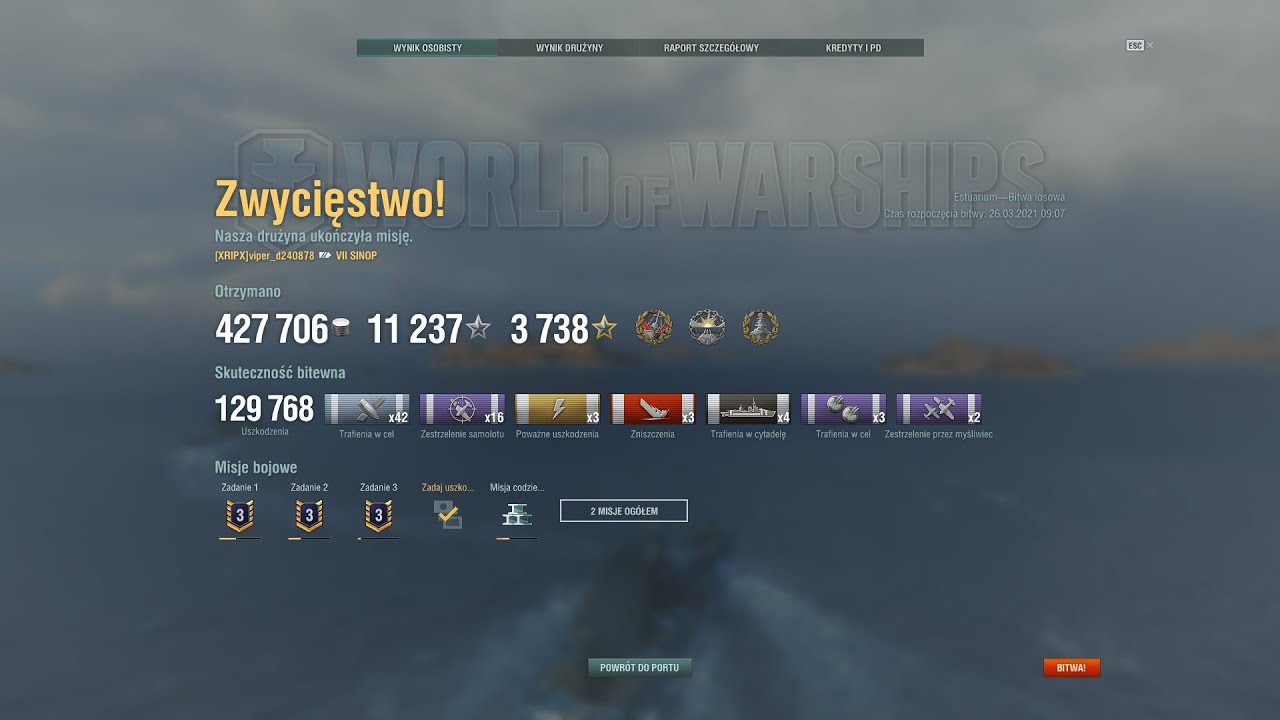 Sinop 129 K dmg 3 kills 2032 exp Wsparcie, Drednot, Dewastujące uderzenie