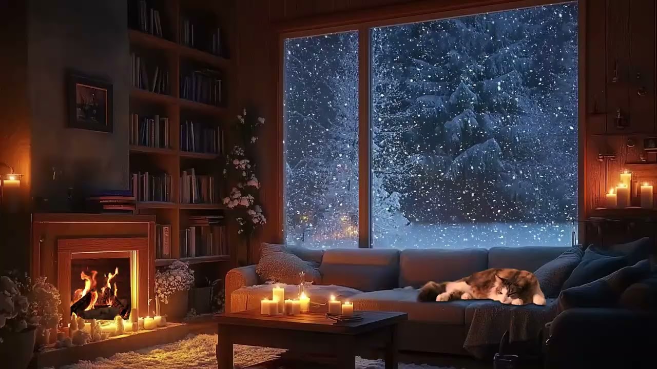 Cozy Winter Fireplace Night ❄️ Snowfall Outside the Window | No Ads Sleep – 3 Hours