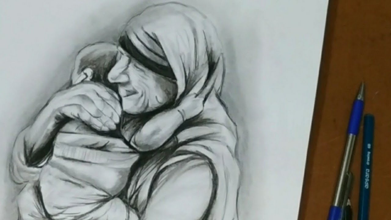 Mother Teresa with a baby pencil sketching | how to draw Mother Teresa step by step| Saint Teresa
