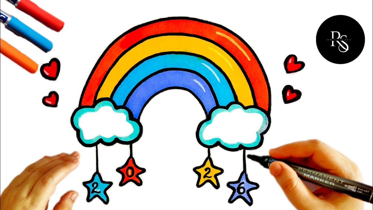 Cute Kawaii Rainbow New Year 2026 Drawing 🌈 | Easy New Year Drawing | Cute Rainbow Drawing for kids