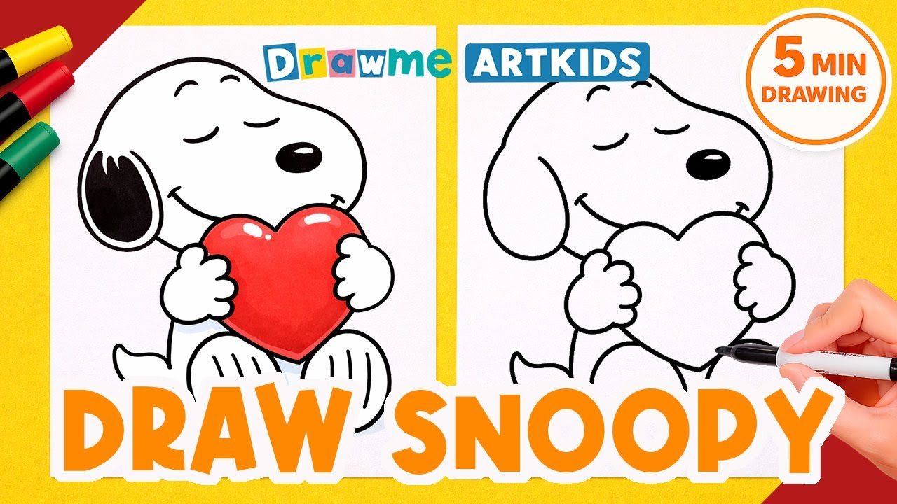 How to Draw Snoopy Holding a Heart ❤️ | 5 Min Drawing for Kids (Valentine’s Day)