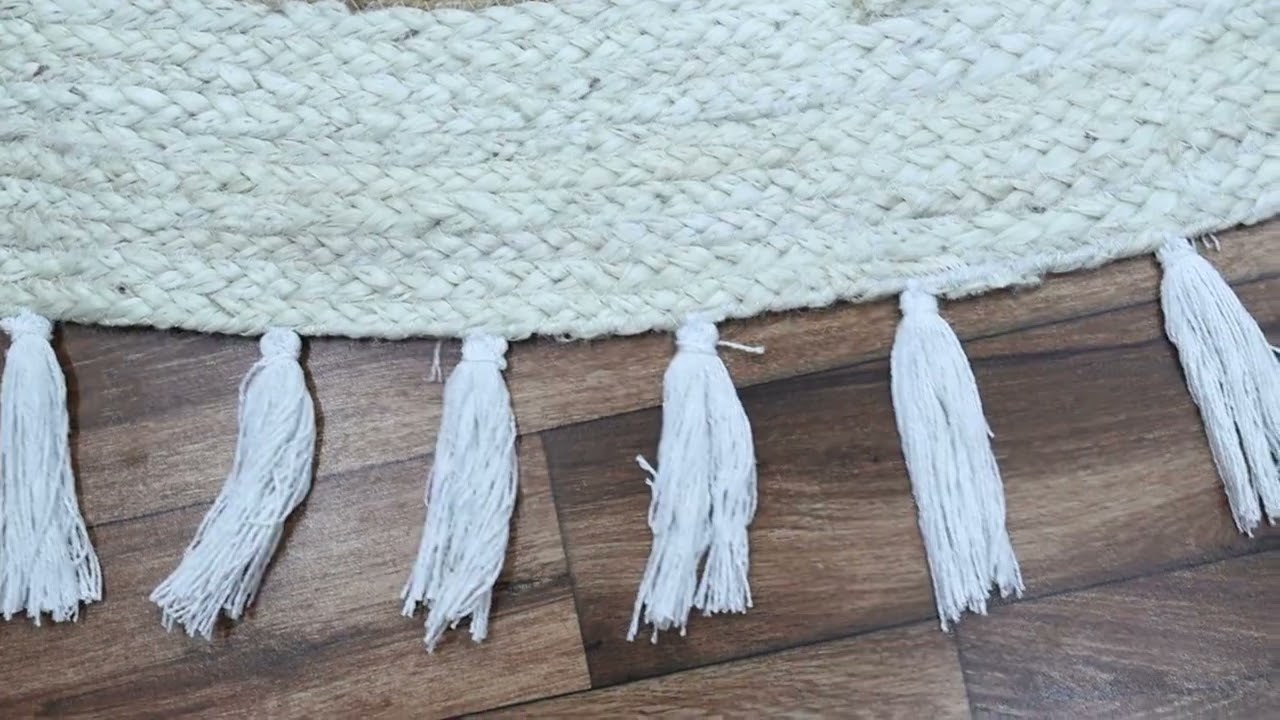 Handmade Round Jute Rug with Scalloped Orange Border Bohemian Farmhouse Area Carpet for  Room 