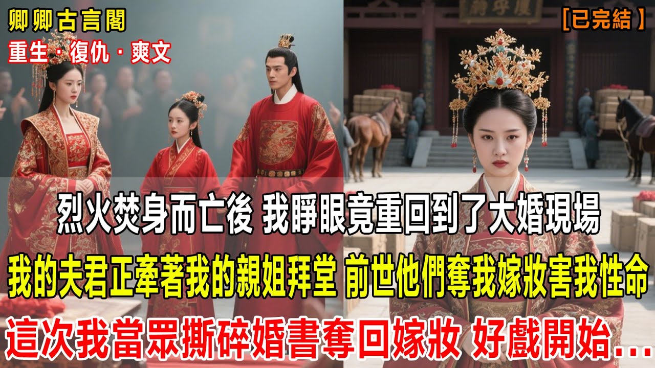 烈火焚身而亡后，我睁眼竟重回到了大婚现场，我的夫君正牵着我的亲姐拜堂，前世他们夺我嫁妆害我性命，这次，我当众撕碎婚书夺回嫁妆，他们却不知好戏才刚刚开始#古言 #爽文 #小说 #重生 #复仇 #大女主