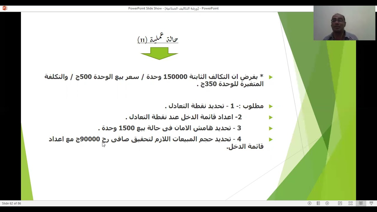 ورشة التكاليف العملية (نقطة التعادل وهامش الامان ) مع الاستاذ بهاء الدين