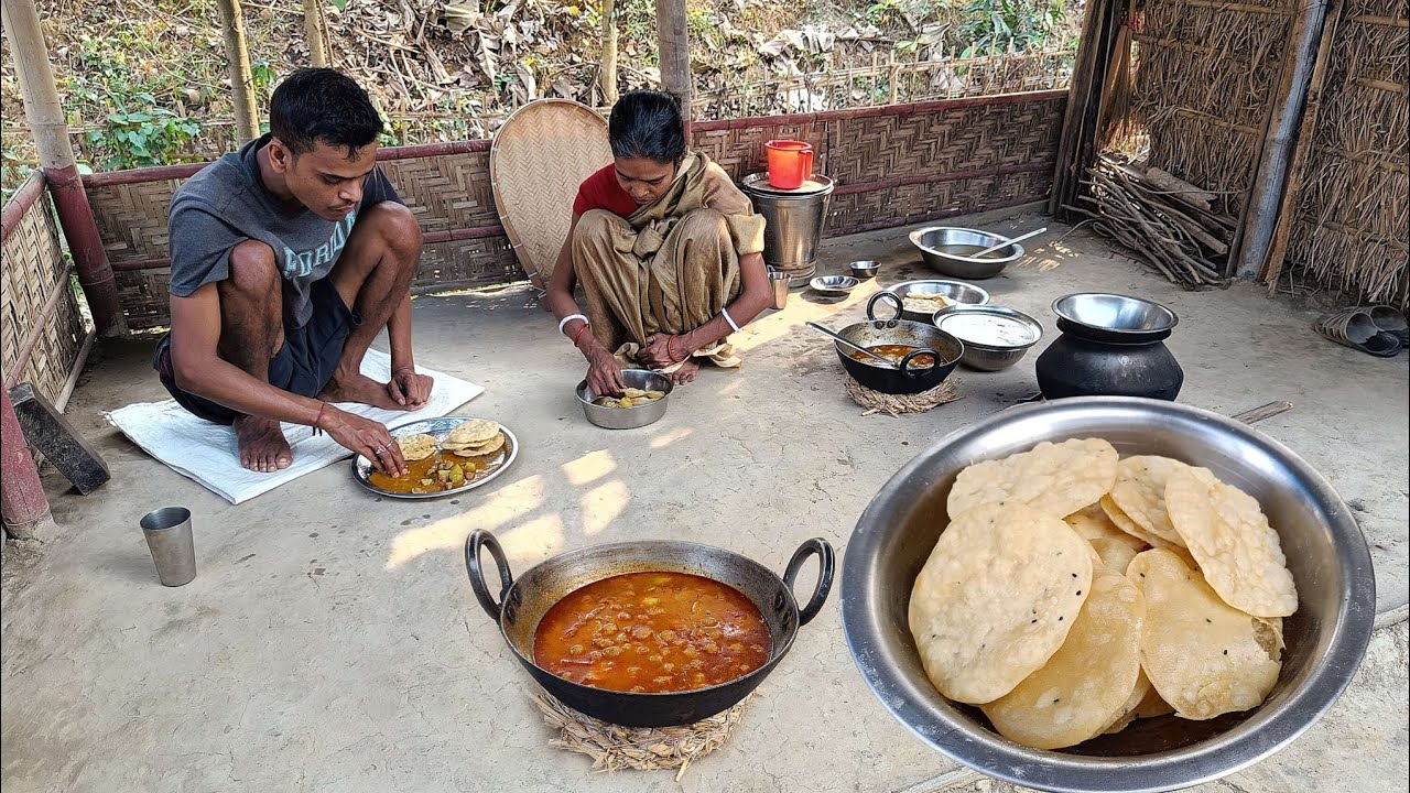Village Style LUCHI & SOYABEAN Curry Cooking and Eating By Mother and Son । rural life