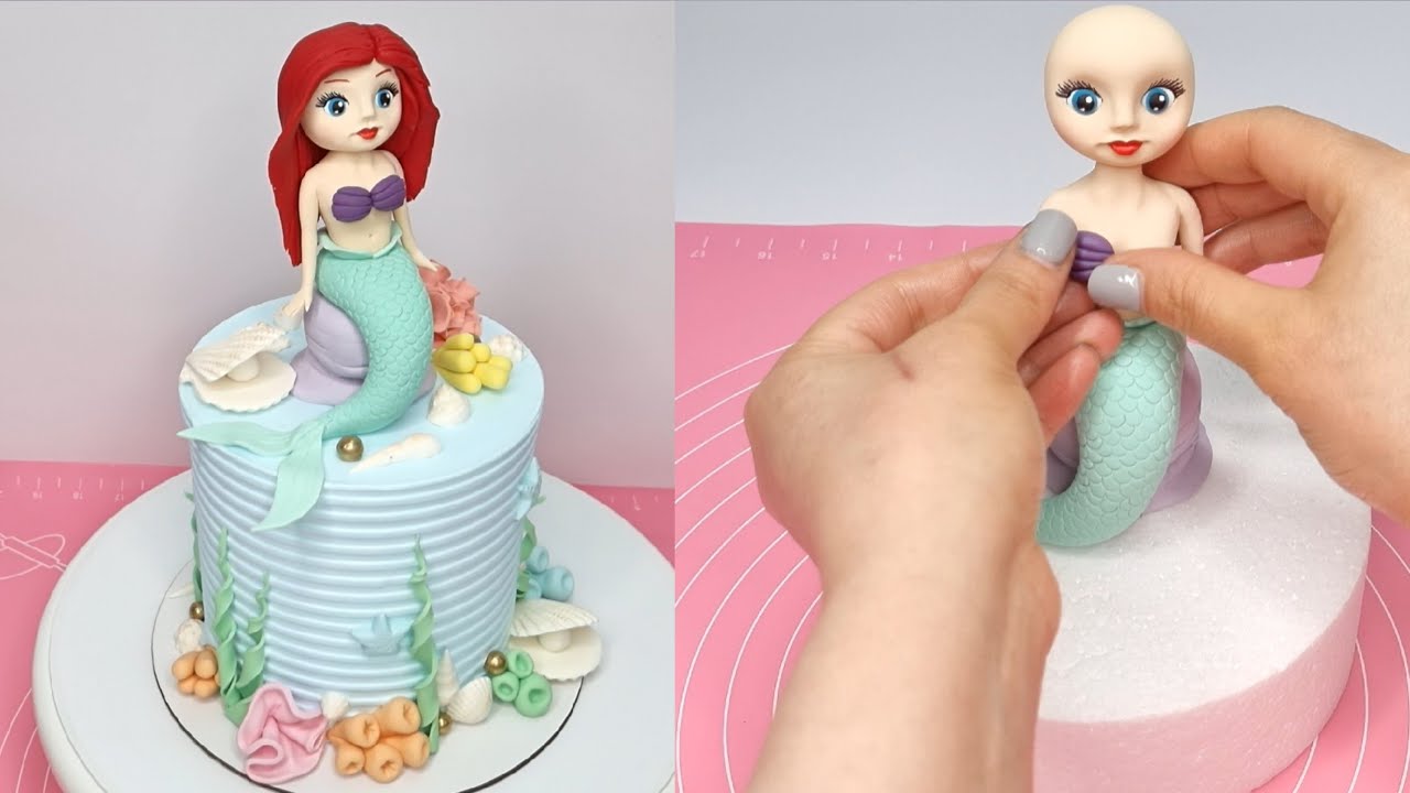 Mermaid cake fondant topper tutorial: Mermaid cartoon mini cake design