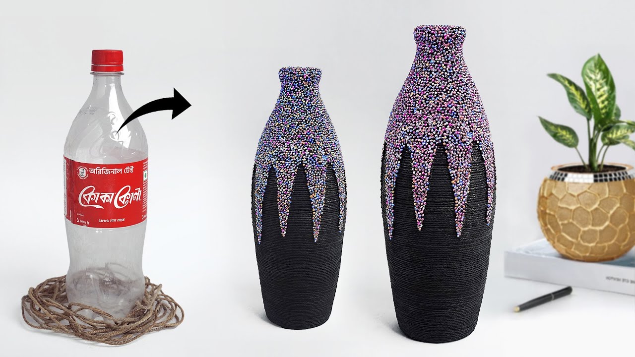 Plastic bottle flower vase making - Jute flower vase | प्लास्टिक की बोतल फूल फूलदान बना रही है