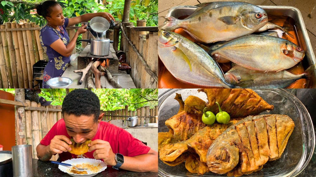 Almoço top hoje aqui no sítio, peixe frito no azeite de dendê acompanhado arroz e feijão uma delícia