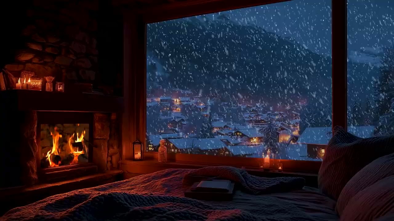 🔥 Snowy Cabin Night | Crackling Fireplace & Snowfall Sounds for Deep Sleep