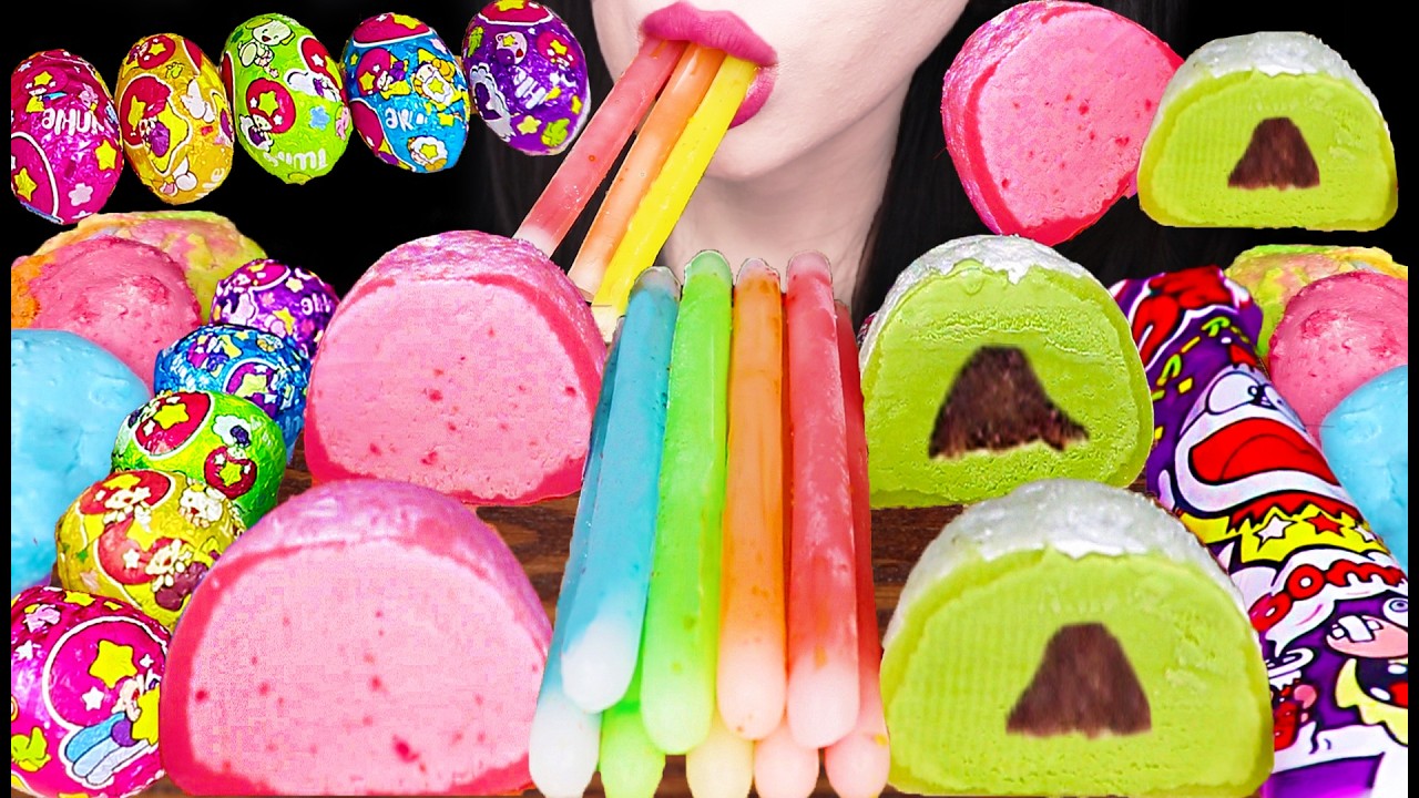 ASMR RAINBOW FROZEN NIK-L-NIP WAX STICK MOCHI ICE CREAM 레인보우 얼린 닉클립, 모찌아이스크림 먹방 MUKBANG, EATING