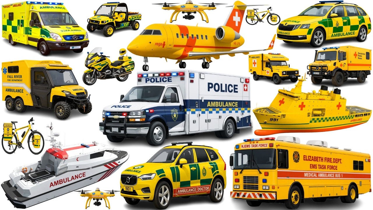 Ambulance for Kids | Learn Emergency Vehicles , Ambulance Bus, Helicopter, Rescue Boat & More.