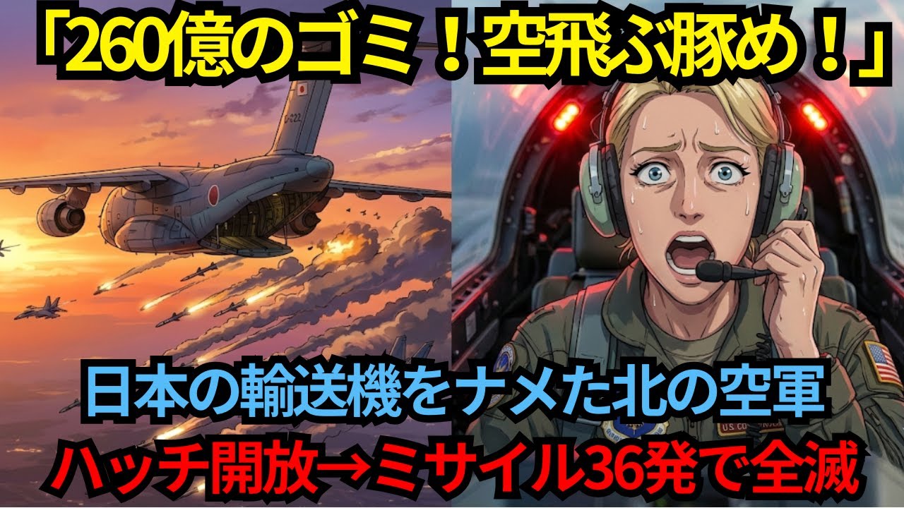 「260億の空飛ぶ豚ｗ」C-2輸送機を嘲笑う北の最強空軍→後部ハッチが開いた瞬間、空がミサイルで埋め尽くされ敵将が失禁！#海外の反応 #自衛隊 #漫画
