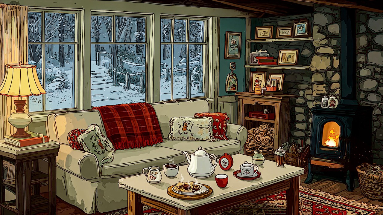 you’re in the 1940s listening to vintage oldies on a cozy snowy cottage | Crackling Fire