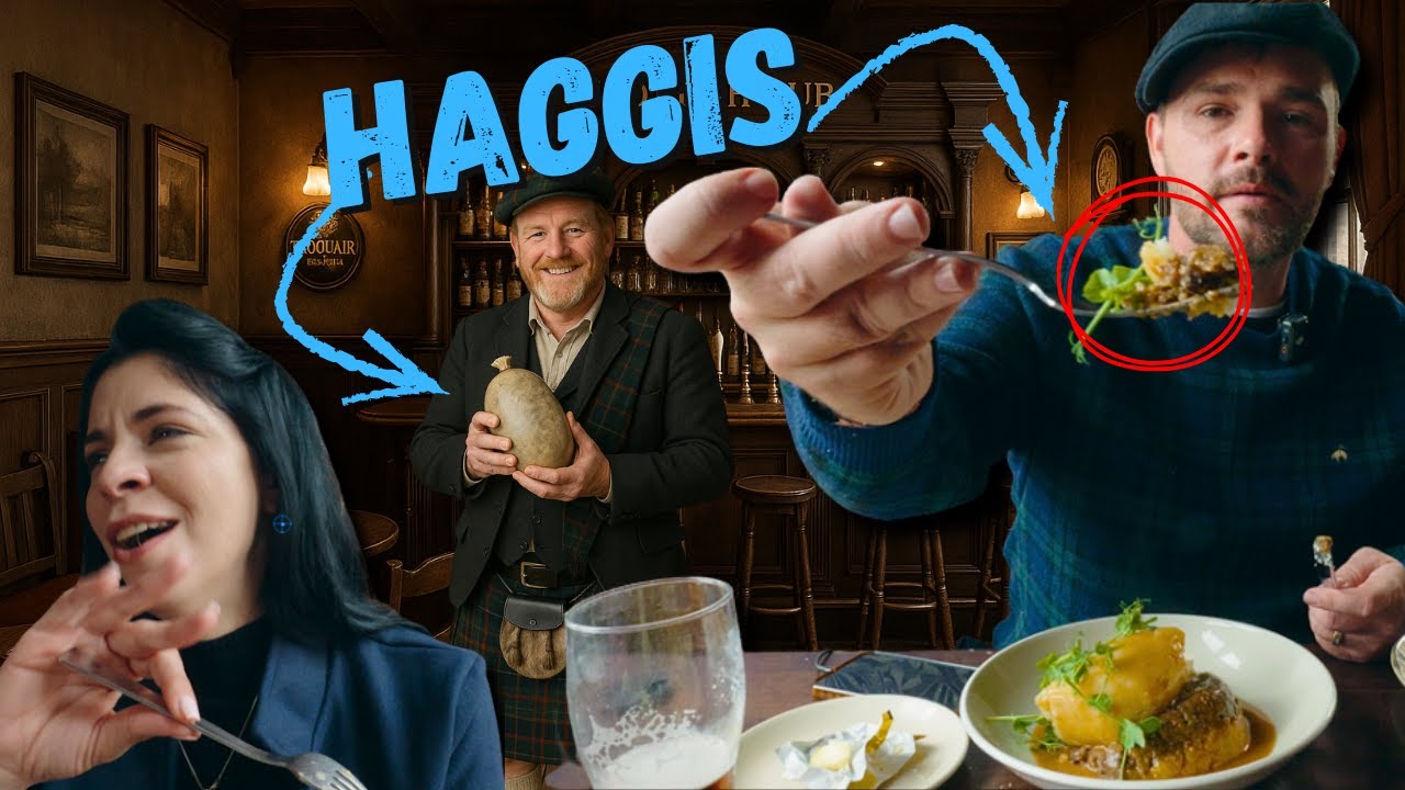 AMERICANS TRY SCOTTISH HAGGIS FOR THE FIRST TIME IN SCOTLAND , IT WAS ROUGH !