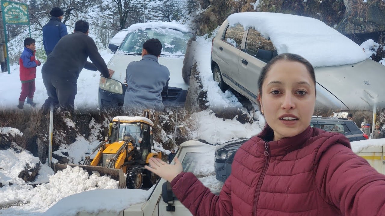 बर्फ🌨️ में गाड़ी 🚗फस गई☹️ 3 Km पैदल चलना पड़ा || Srishti or pari n Liya challenge✨✊🏻 | Srishti negi 