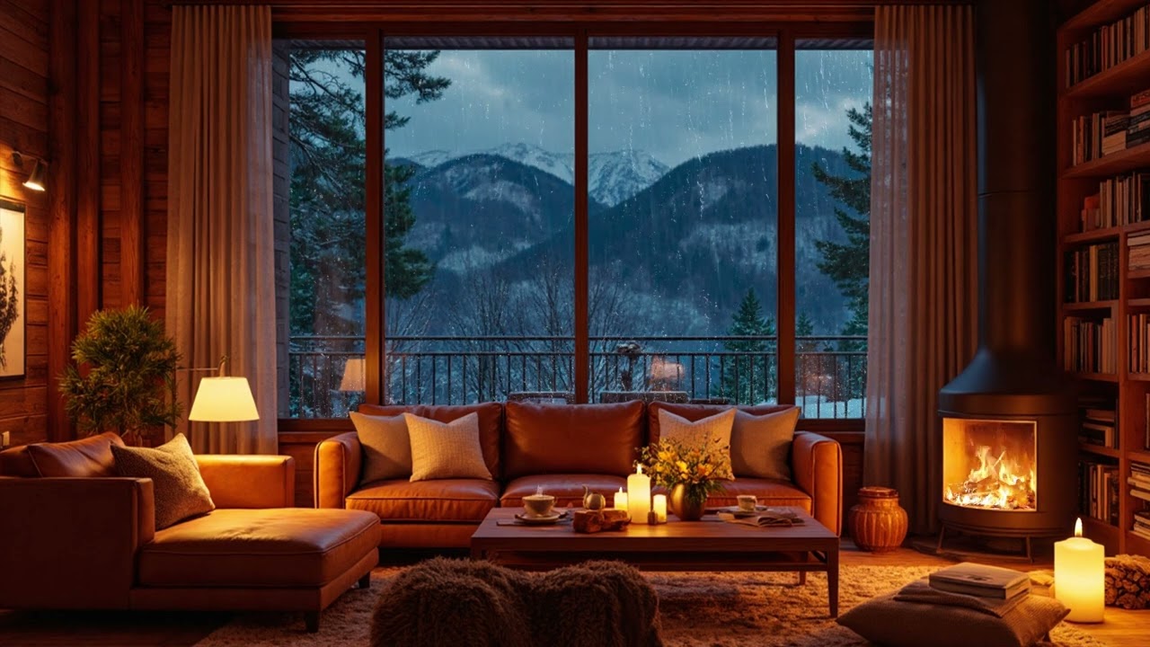 Rainy Mountain View from a Cozy Cabin | Fireplace Jazz for Deep Focus, Sleep and Quiet Nights