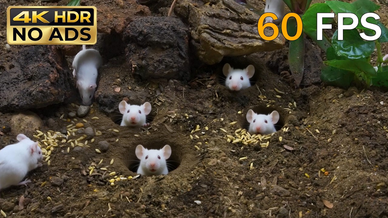 [NO ADS] CAT TV 😺 Golden Grain Harvest: White Mice Foraging by the Garden Burrows 🐭 4K  60FPS