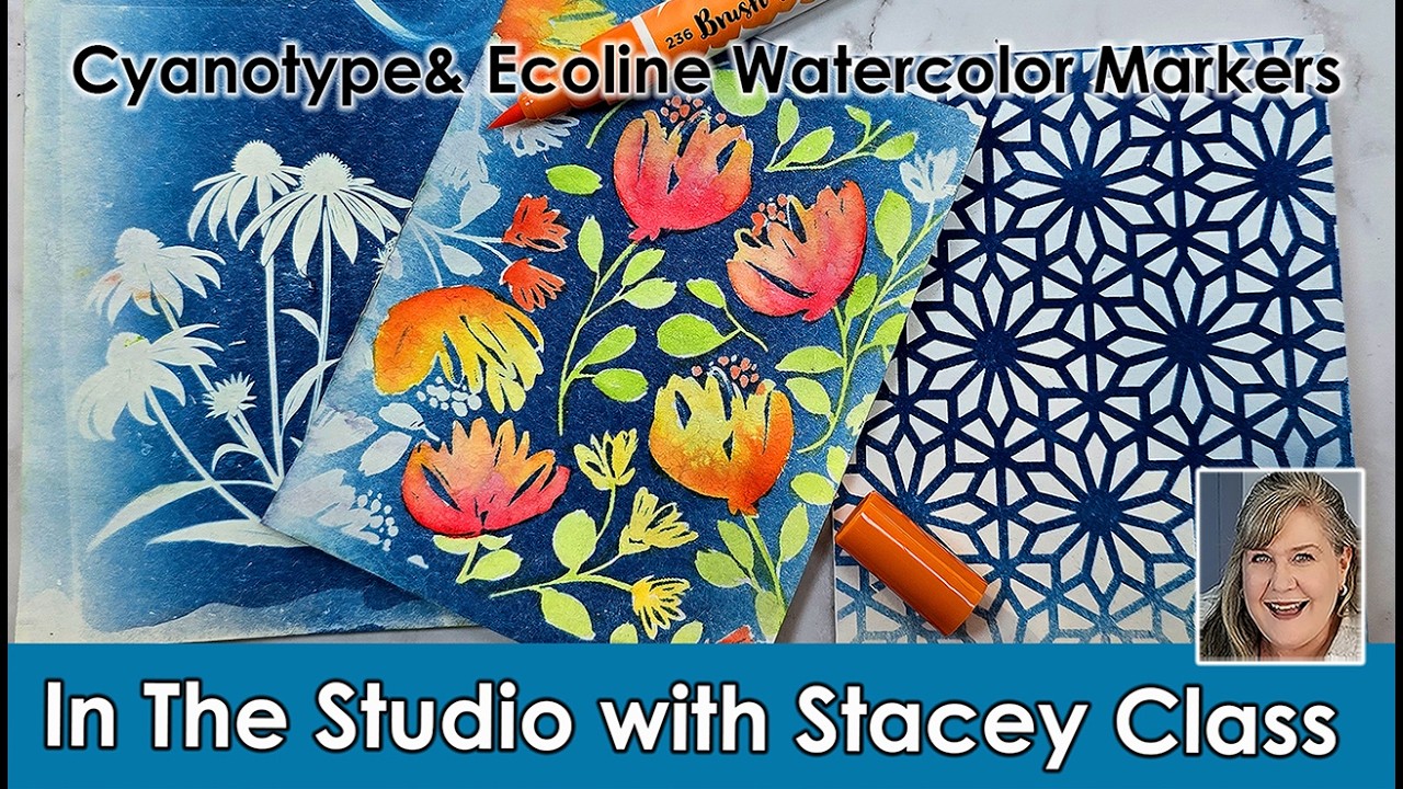 Cyanotype Printing & Ecoline Brush Tip Markers by Royal Talen's.  In the Studio January Class 4 of 4
