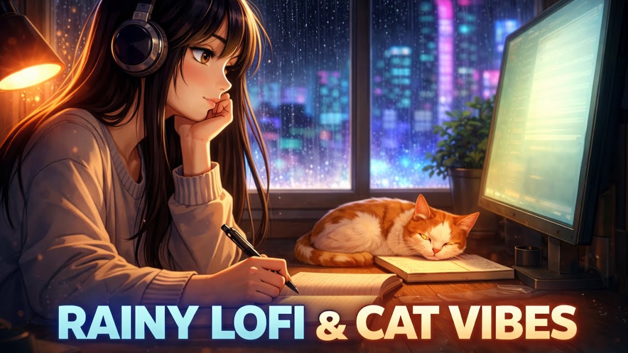 Study with Marina | Rainy Neon Lofi & Peaceful Cat Vibes