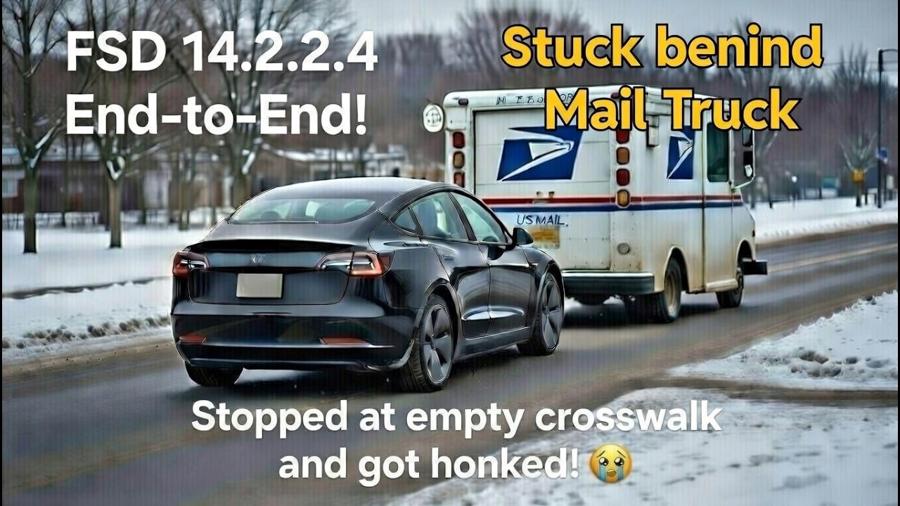 Tesla FSD 14.2.2.4 stuck behind a US Mail Truck!