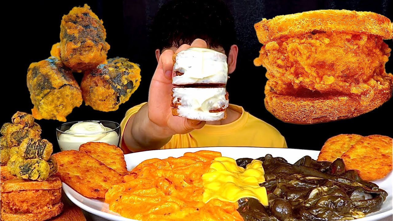 ASMR 블랙크림로제&크림로제 누들볶이 대왕멘보샤 미니김말이먹방 Black Cream Rose Tteokbokki With Big Menbosha Hash Brown MuKbang