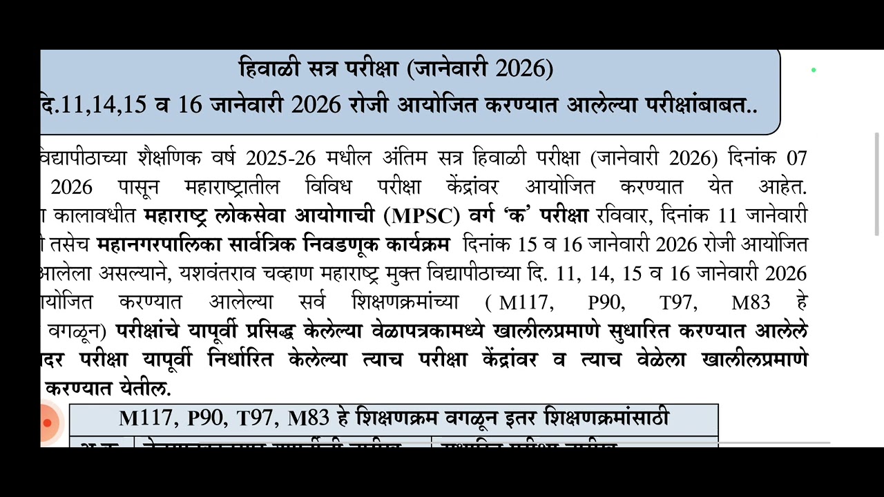 YCMOU EXAM UPDATE 2026| हिवाळी सत्र परीक्षा 2026 चे वेळापत्रक बदलले 🤔🔴  NEW TIME TABLE FOR 2026⏱️⏱️