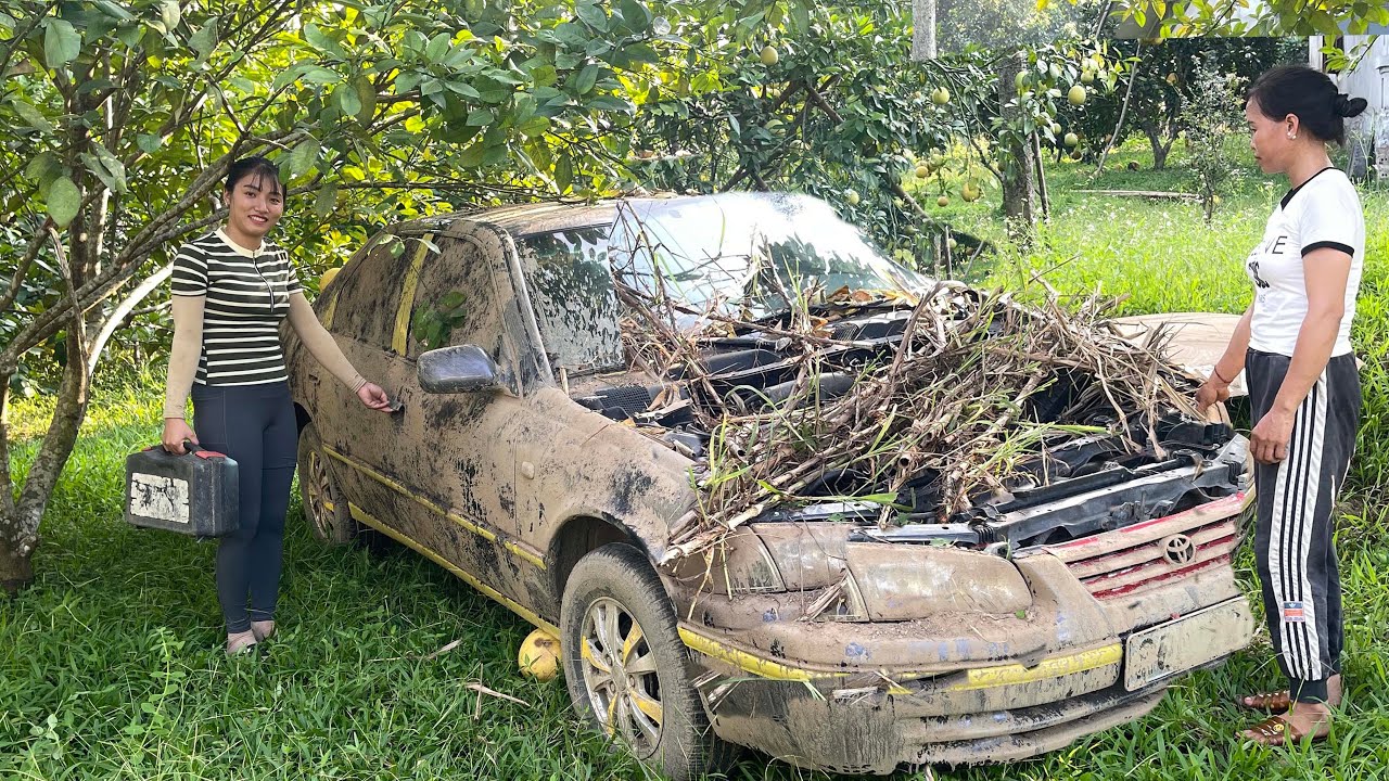 The girl repairs and restores old Toyota cars that have been abandoned for a long time.