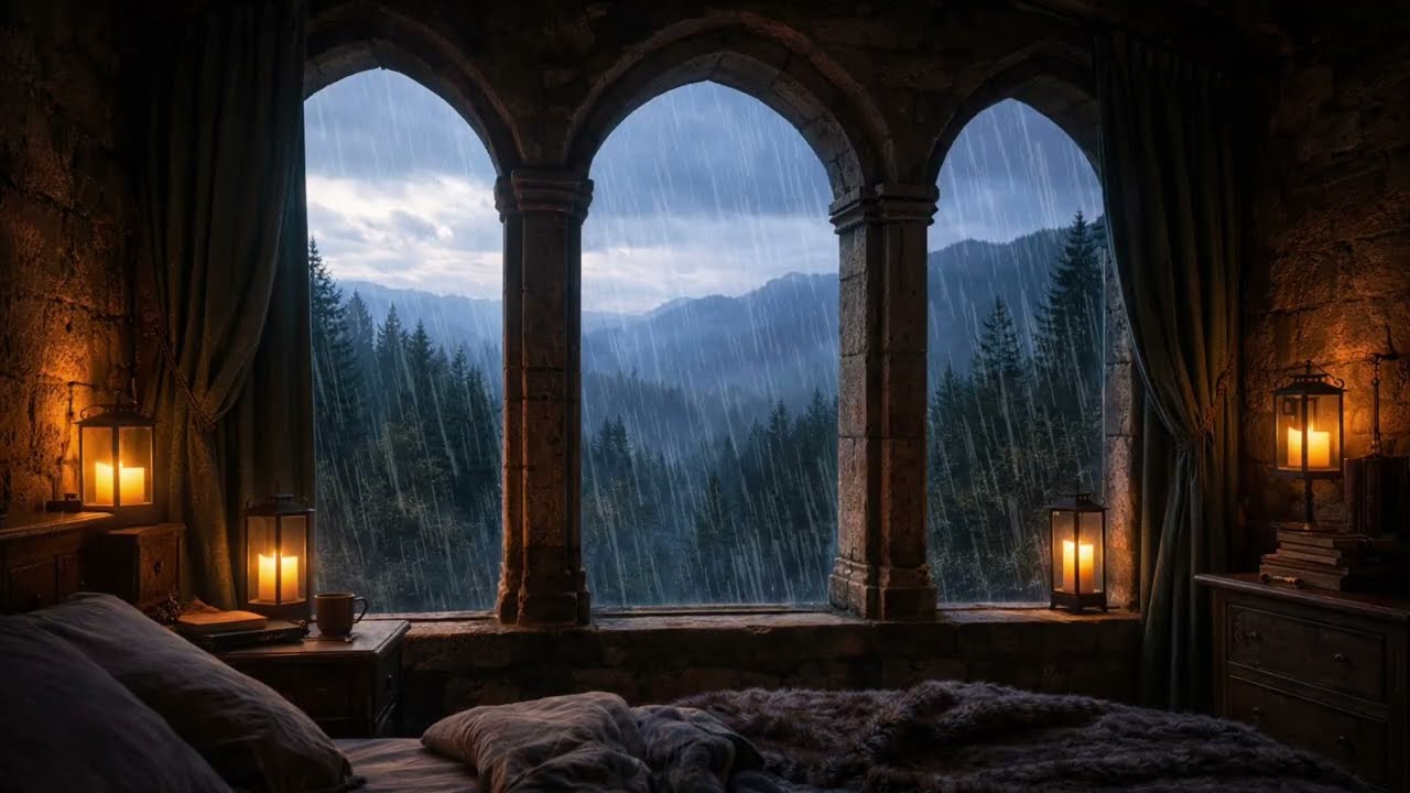 Medieval Castle Window Rain Ambience - 3 Hours of Relaxing Rain Sounds for Sleep, Studying & Reading