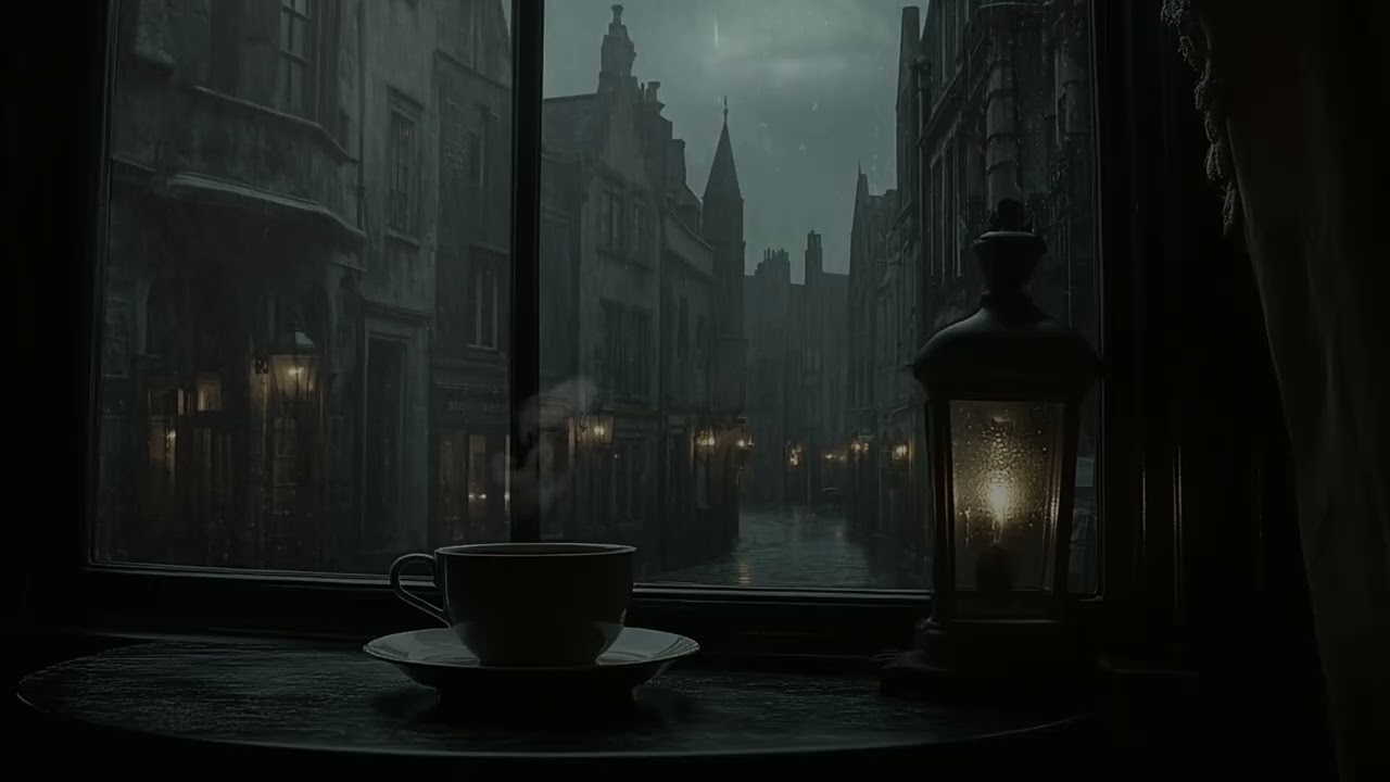 Whispering Academia – Rainy Old Town Window in Gloomy European | Dark Academia Piano Rain Ambience