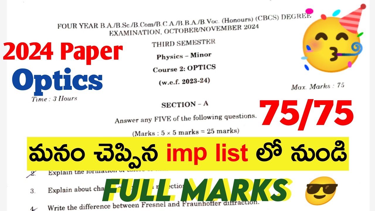 Degree 3sem Optics Question Paper 2024 Degree 3rd Semester Regular Exams Physics Minor November 2024