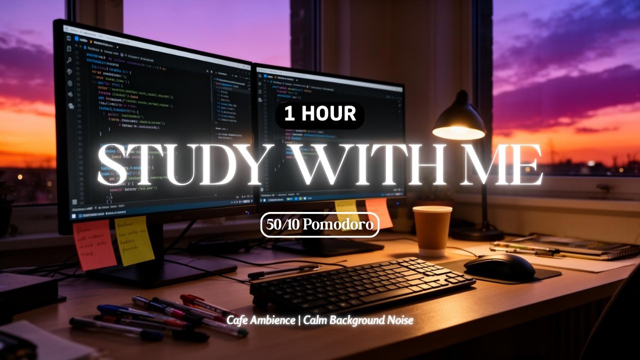 1-Hour Study With Me | 50/10 Pomodoro | Late Evening Study Session | Calm Cafe Ambience