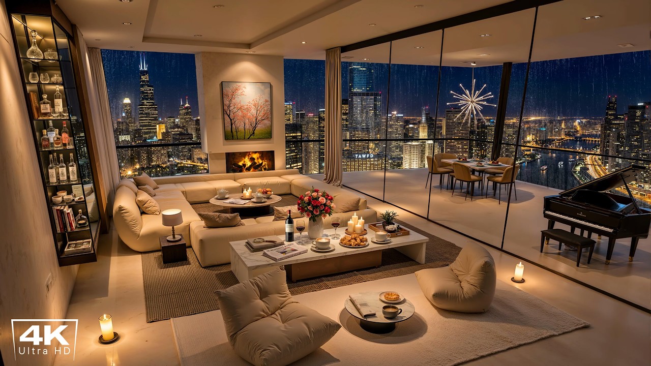 Chicago Night Vibes 🌃 Cozy Apartment with Soothing Piano Jazz, Rain & Fireplace Sounds for Sleep