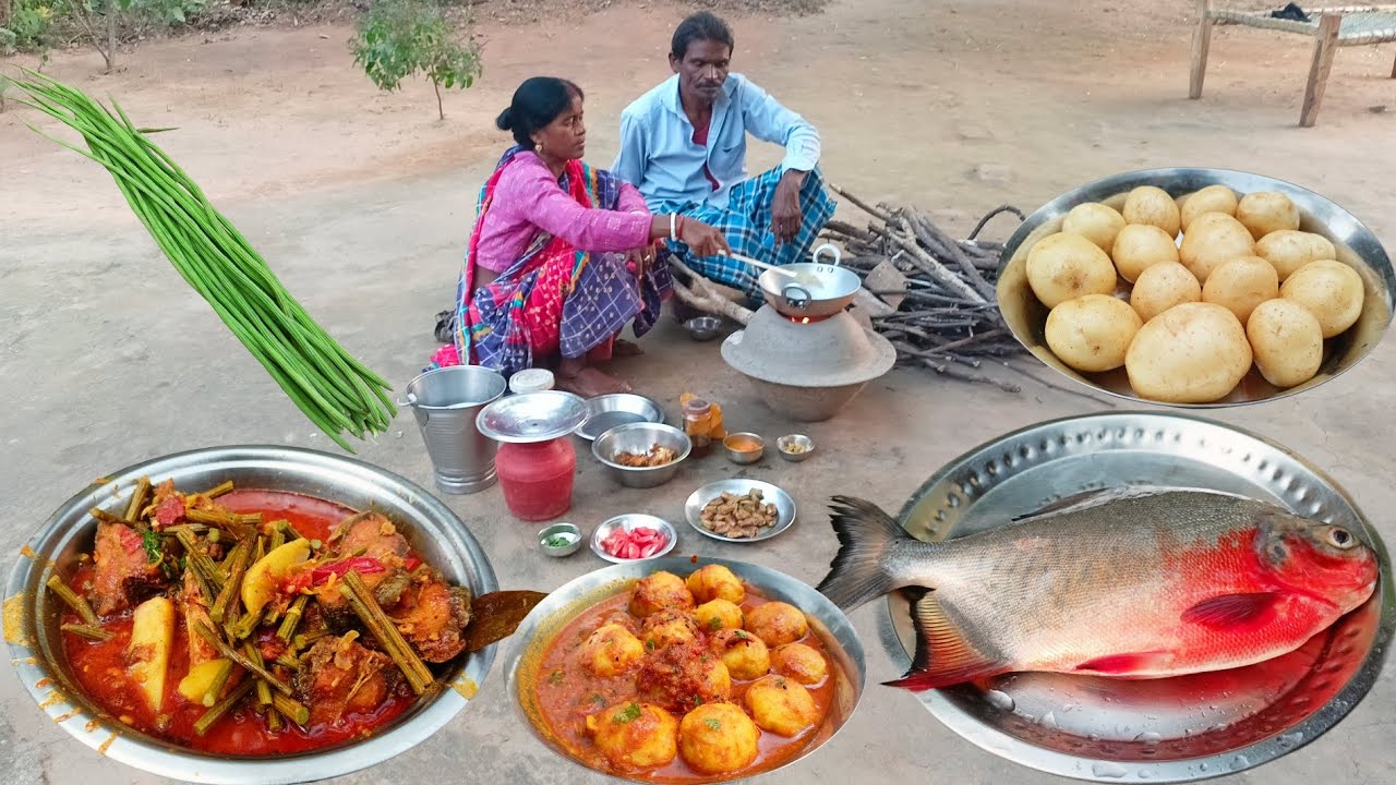 big RUPCHANDA FISH with DRUMSTICK curry and ALOO DUM recipe by tribal mother father village cooking