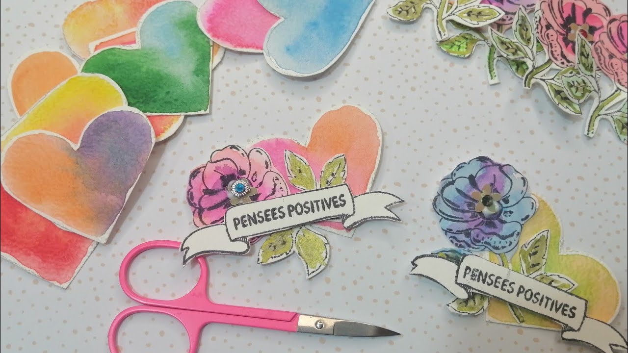 Embellissement cœurs et fleurs aquarelle