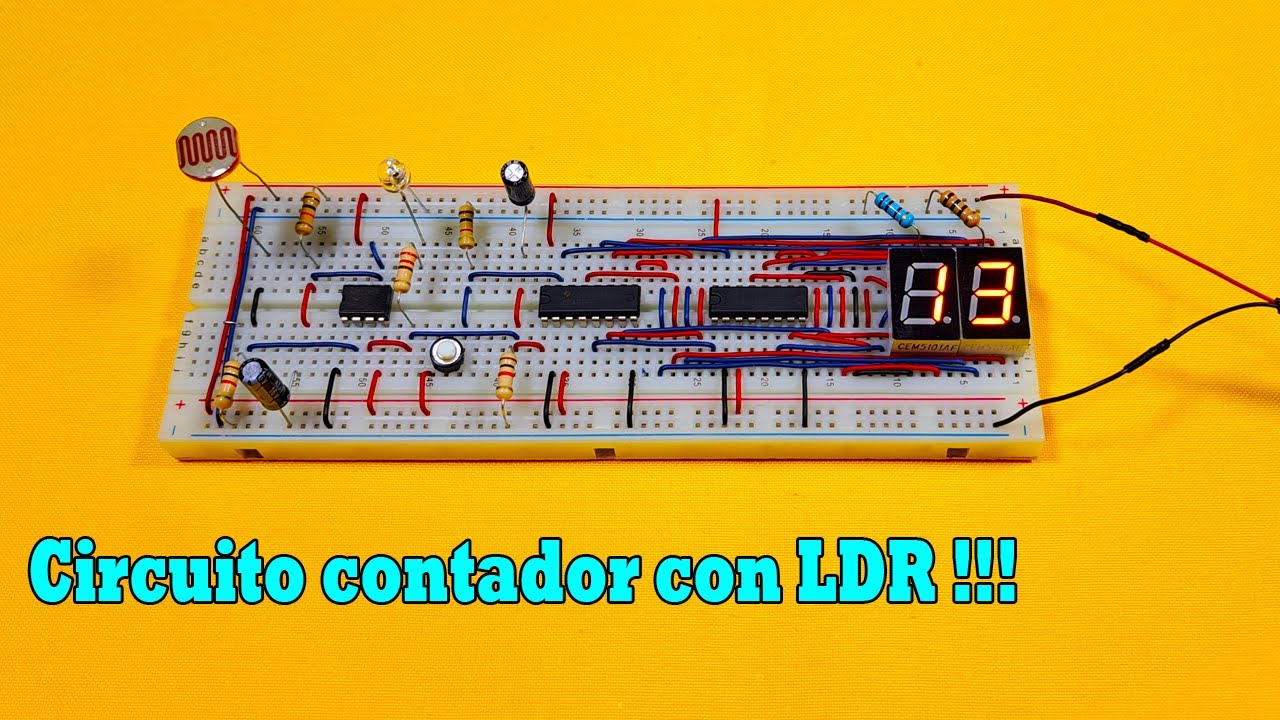 Circuito contador de objetos con LDR y display de 7 segmentos, luz nocturna | En protoboard