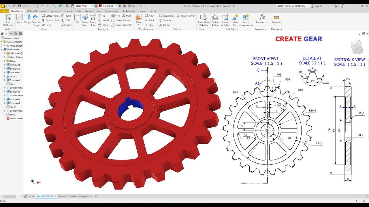Autodesk Inventor 2026 Create GEAR  Exercise 116