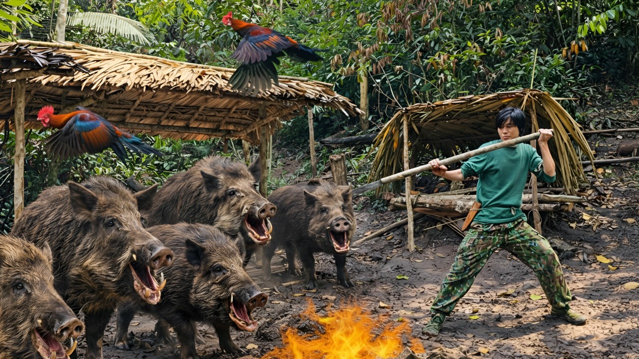 Facing a dangerous wild boar attack on your shelter - Surviving alone in the deep jungle