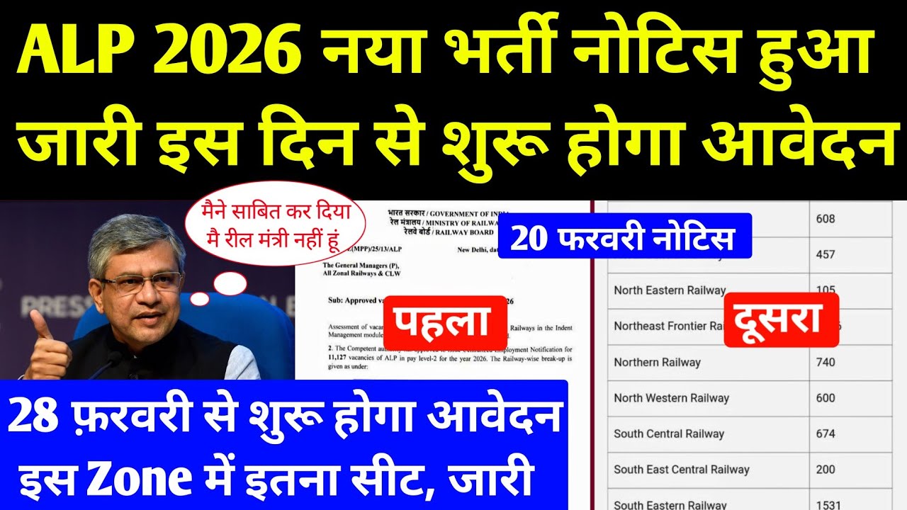 रेलवे ALP भर्ती 2026 को लेकर नया Notice ⭐ हुआ जारी l इस दिन से शुरु होंगे आवेदन RRB ALP Vacancy 2026