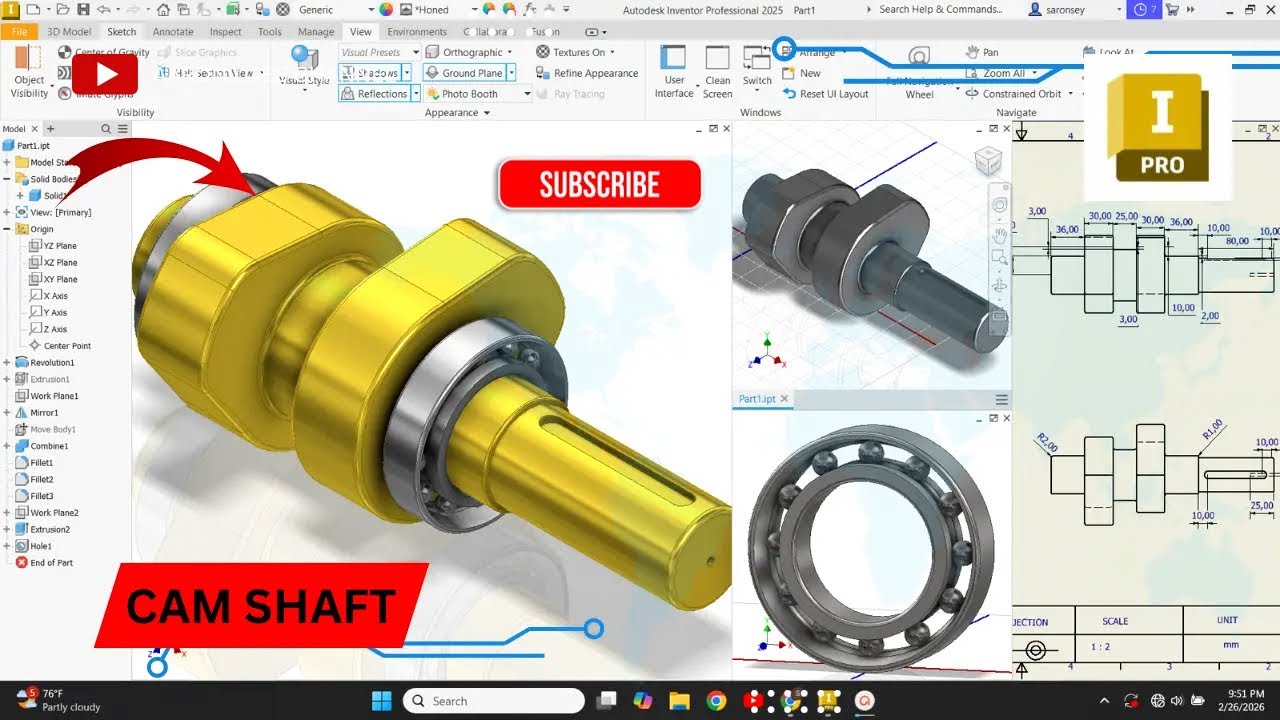 Autodesk Inventor Tutorial: Cam Shaft Design with Ball Bearing Generator
