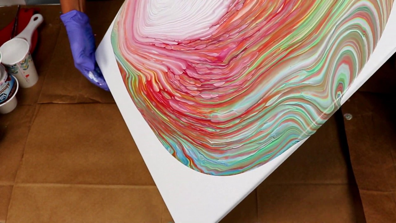 (186) Acrylic Pour Painting Rainbow ring pour with cloud effect