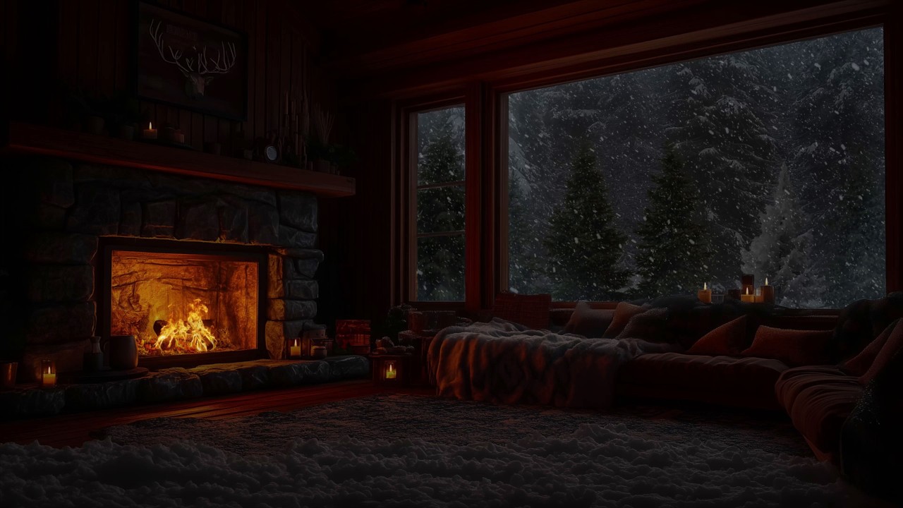 Quiet Snowy Night in a Winter Cabin with Gentle Fireplace Sounds for Relaxation